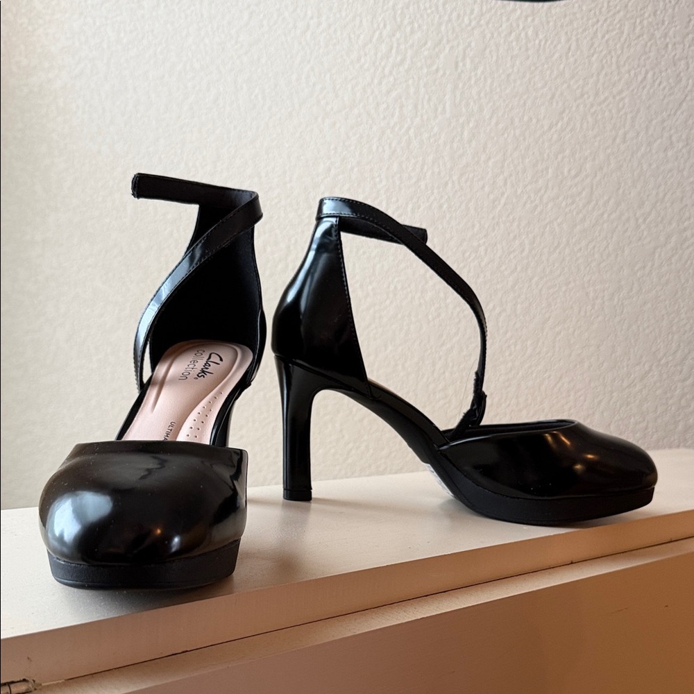 Clarks Black Patent Cross-Strap High Heels